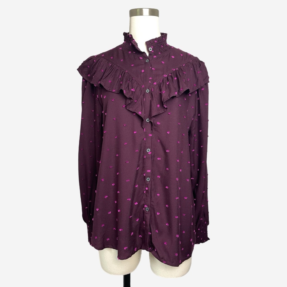 Loft NWT Purple clip dot ruffle yoke button up top western prairiecore boho M